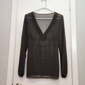 Sheer lantern sleeve v-neck peasant top